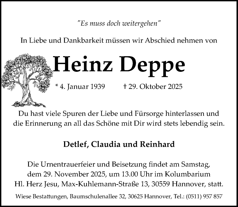  Traueranzeige für Heinz Deppe vom 22.11.2025 aus Hannoversche Allgemeine Zeitung/Neue Presse