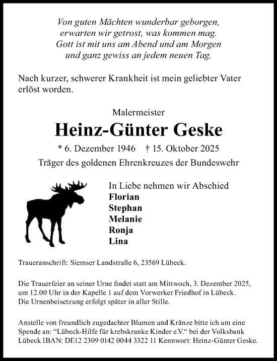 Traueranzeige von Heinz-Günter Geske von Lübecker Nachrichten