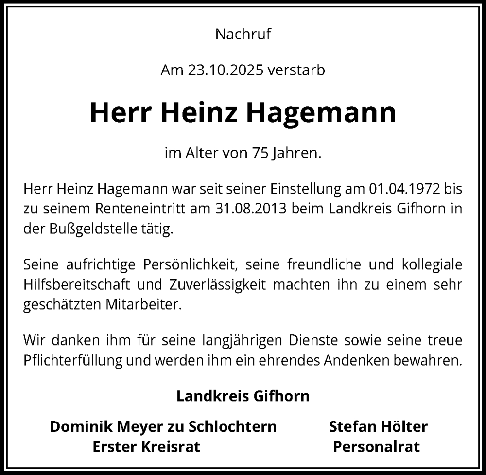  Traueranzeige für Heinz Hagemann vom 22.11.2025 aus Aller Zeitung