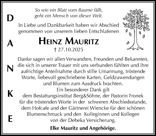 Traueranzeige von Heinz Mauritz von Lübecker Nachrichten