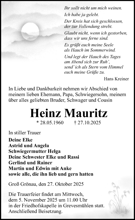 Traueranzeige von Heinz Mauritz von Lübecker Nachrichten