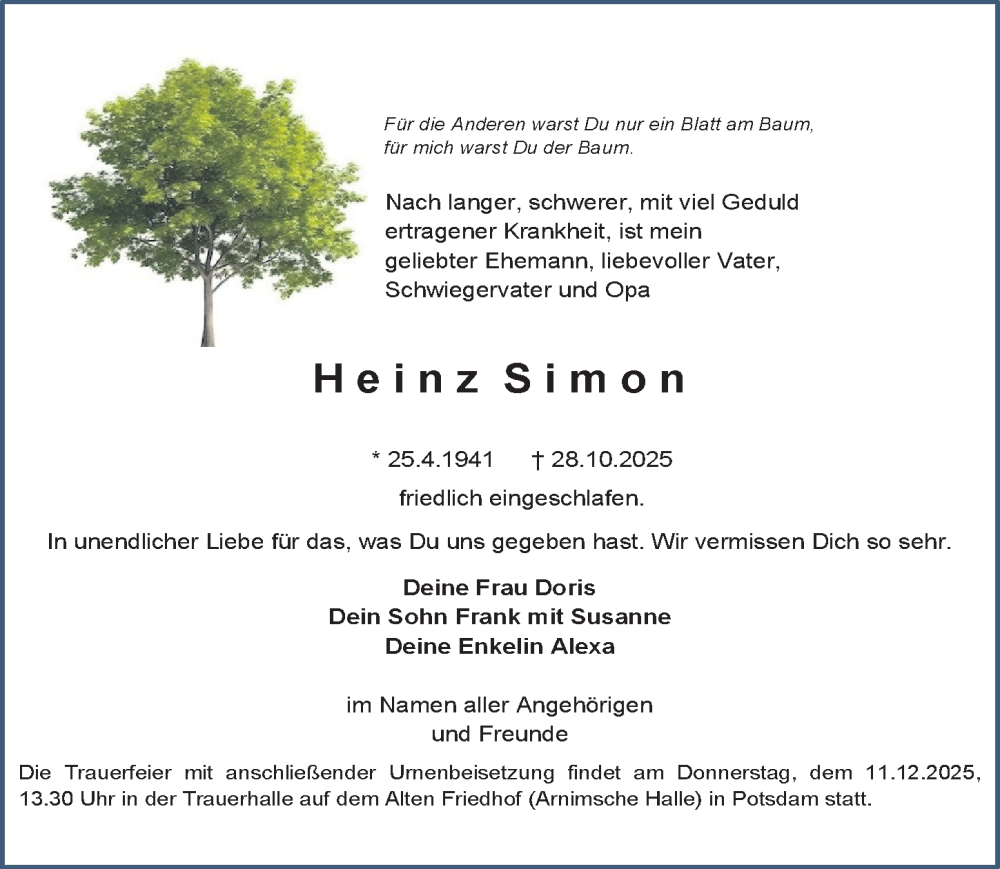  Traueranzeige für Heinz Simon vom 22.11.2025 aus Märkischen Allgemeine Zeitung