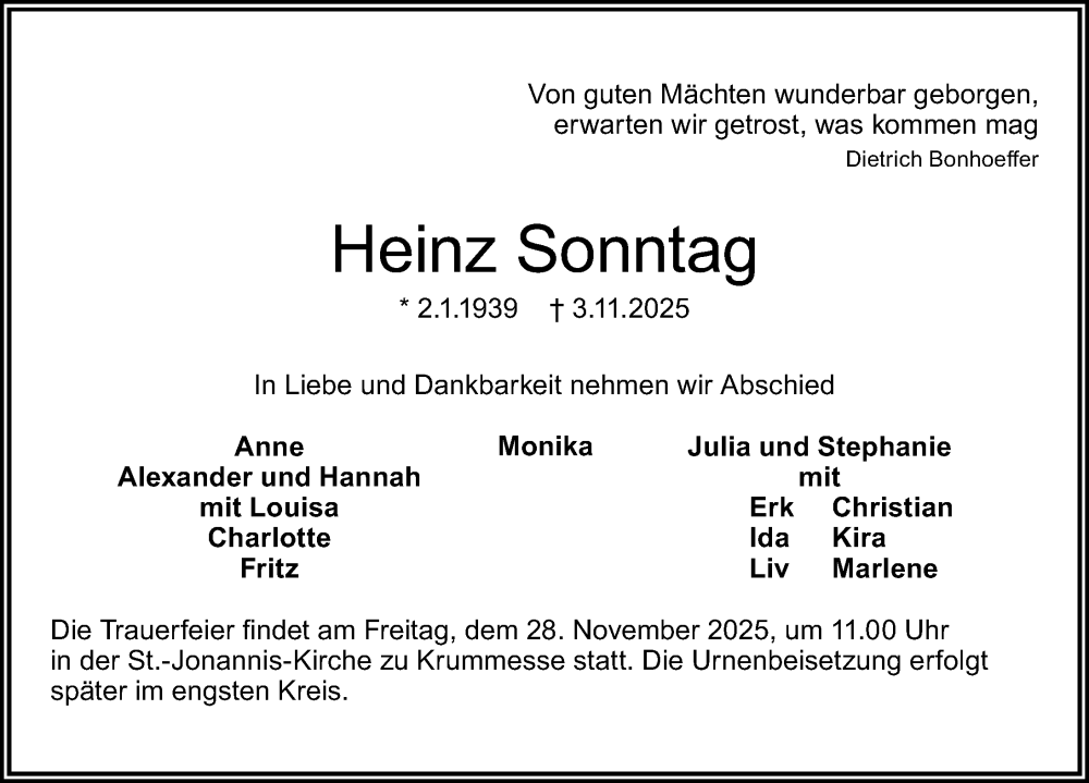  Traueranzeige für Heinz Sonntag vom 23.11.2025 aus Lübecker Nachrichten
