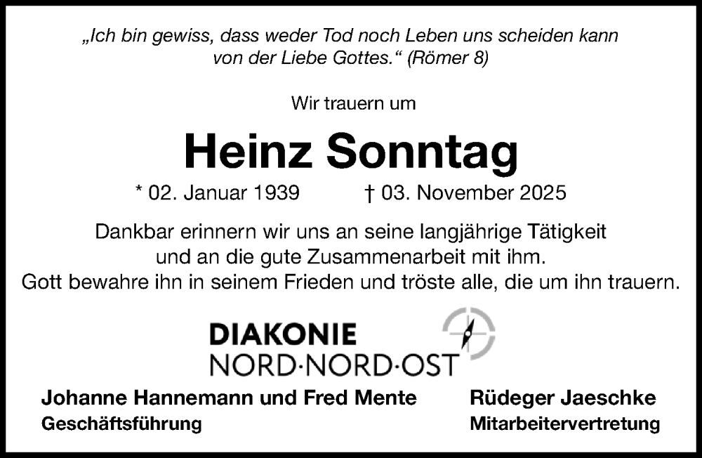  Traueranzeige für Heinz Sonntag vom 23.11.2025 aus Lübecker Nachrichten