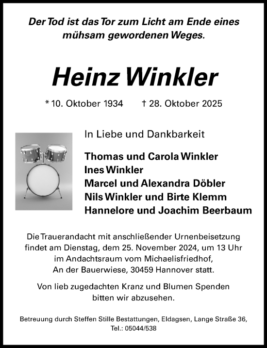 Traueranzeige von Heinz Winkler von Hannoversche Allgemeine Zeitung/Neue Presse