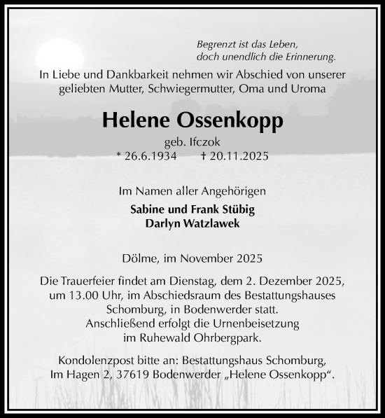 Traueranzeige von Helene Ossenkopp von Täglicher Anzeiger Holzminden