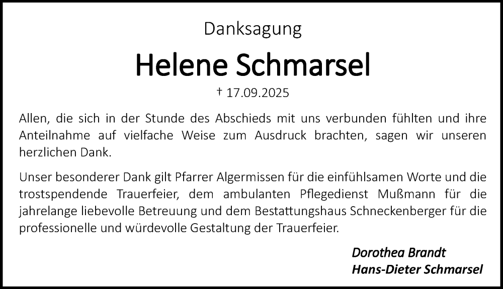  Traueranzeige für Helene Schmarsel vom 08.11.2025 aus Göttinger Tageblatt