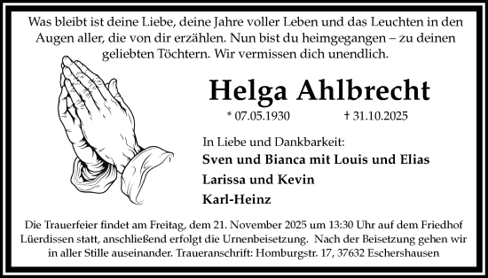 Traueranzeige von Helga Ahlbrecht von Täglicher Anzeiger Holzminden