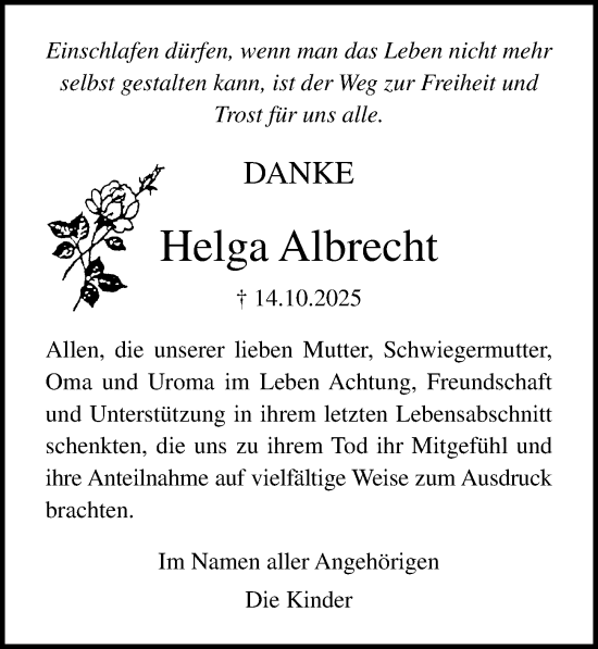 Traueranzeige von Helga Albrecht von Ostsee-Zeitung GmbH