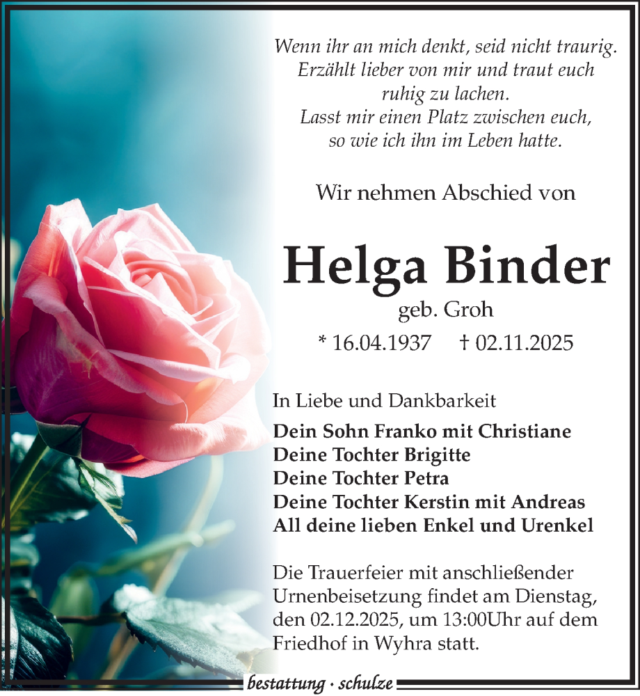  Traueranzeige für Helga Binder vom 22.11.2025 aus Leipziger Volkszeitung