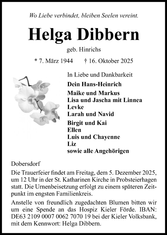 Traueranzeige von Helga Dibbern von Kieler Nachrichten