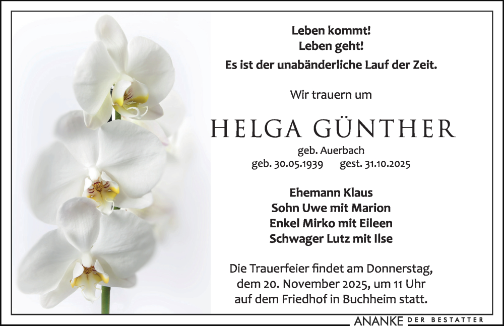  Traueranzeige für Helga Günther vom 15.11.2025 aus Leipziger Volkszeitung