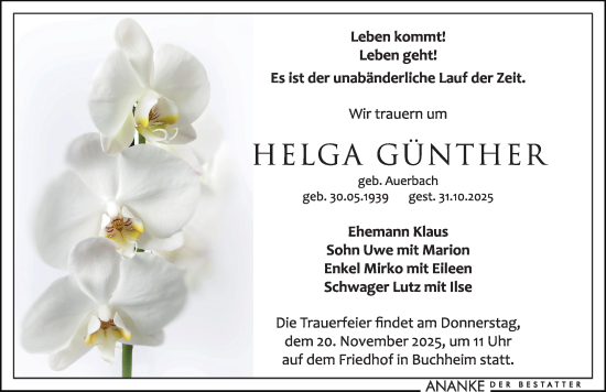 Traueranzeige von Helga Günther von Leipziger Volkszeitung