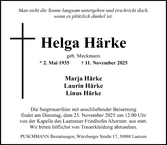 Traueranzeige von Helga Härke von Hannoversche Allgemeine Zeitung/Neue Presse