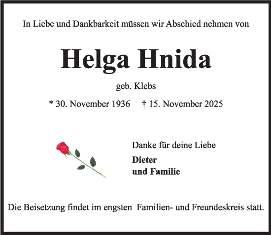 Traueranzeige von Helga Hnida von Kieler Nachrichten