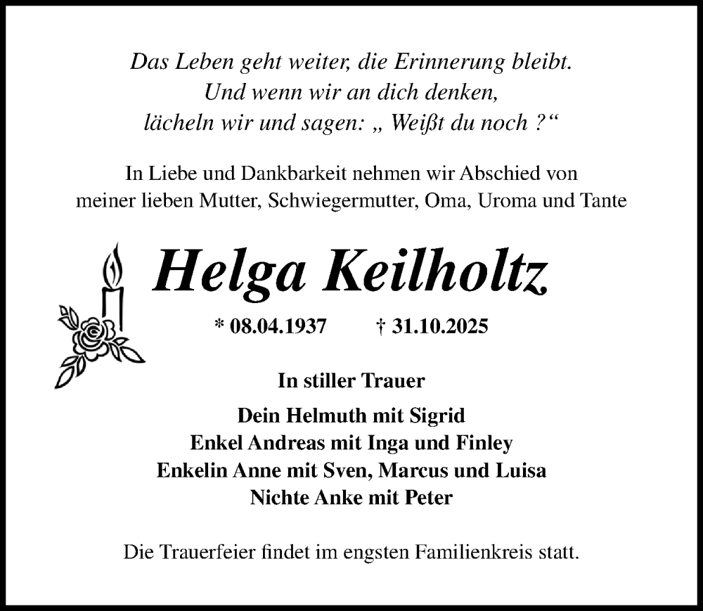  Traueranzeige für Helga Keilholtz vom 15.11.2025 aus Ostsee-Zeitung GmbH