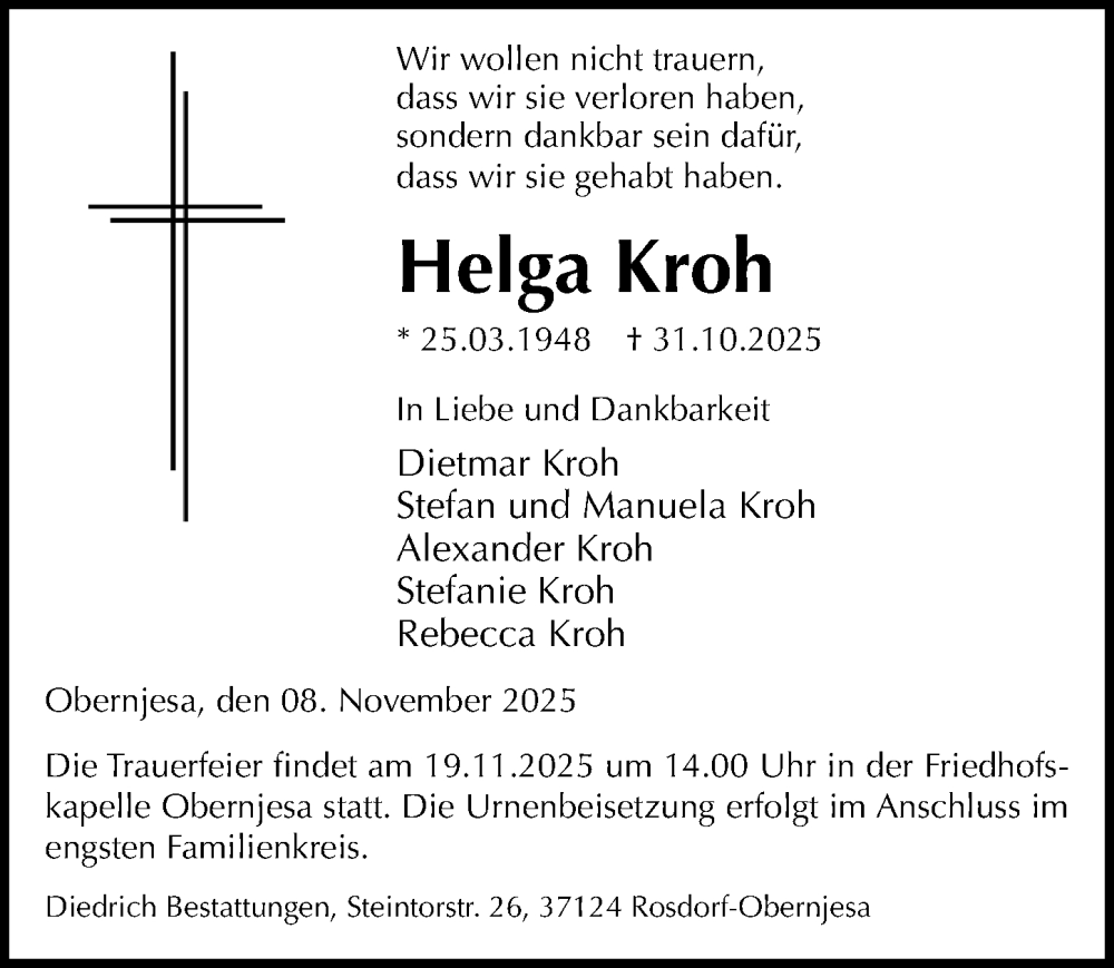  Traueranzeige für Helga Kroh vom 08.11.2025 aus Göttinger Tageblatt