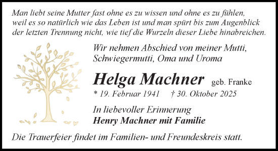 Traueranzeige von Helga Machner von Sächsische Zeitung