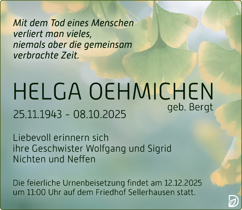  Traueranzeige für Helga Oehmichen vom 22.11.2025 aus Leipziger Volkszeitung