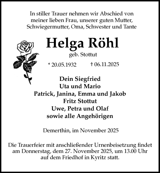 Traueranzeige von Helga Röhl von Wochenspiegel