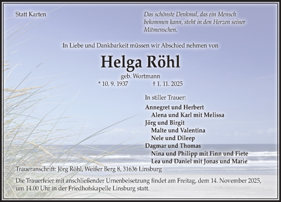 Traueranzeige von Helga Röhl von Die Harke