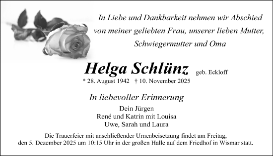Traueranzeige von Helga Schlünz von Ostsee-Zeitung GmbH