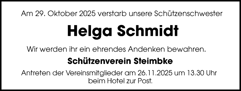  Traueranzeige für Helga Schmidt vom 22.11.2025 aus Die Harke