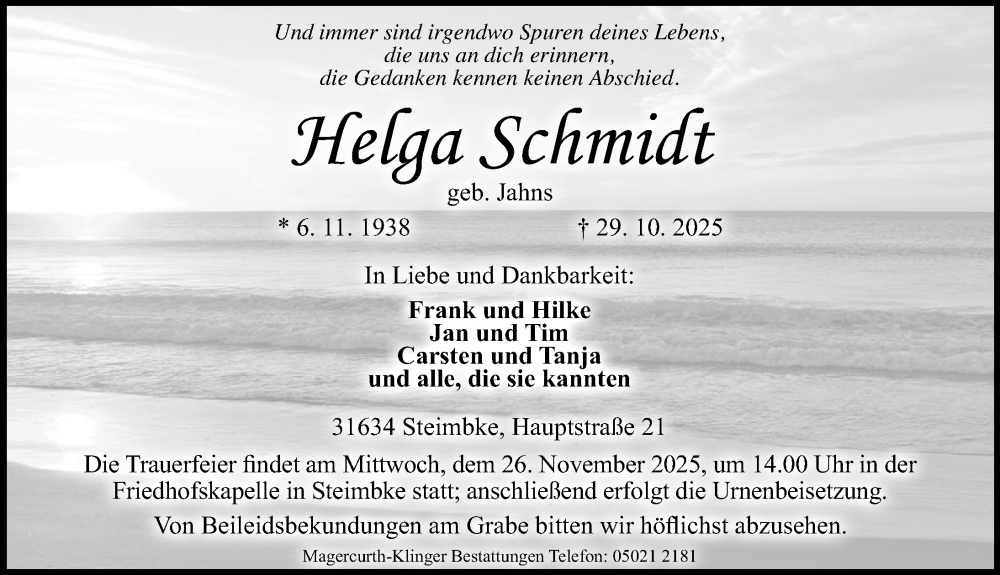  Traueranzeige für Helga Schmidt vom 22.11.2025 aus Die Harke