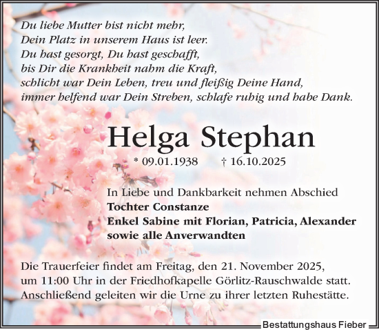 Traueranzeige von Helga Stephan von Sächsische Zeitung