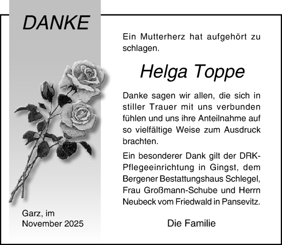 Traueranzeige von Helga Toppe von Ostsee-Zeitung GmbH