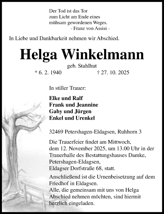 Traueranzeige von Helga Winkelmann von Die Harke
