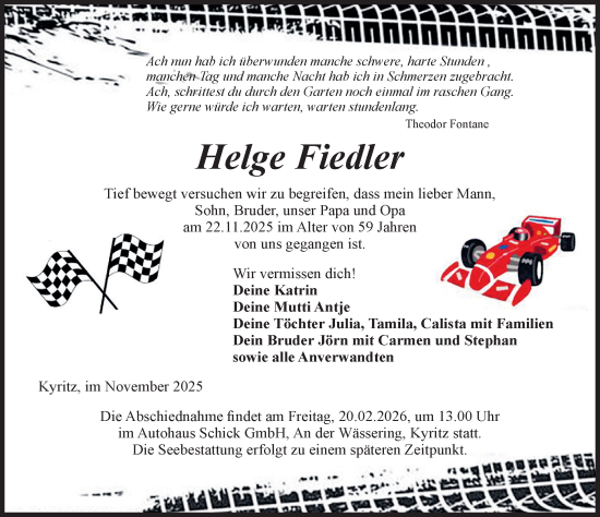 Traueranzeige von Helge Fiedler von Wochenspiegel