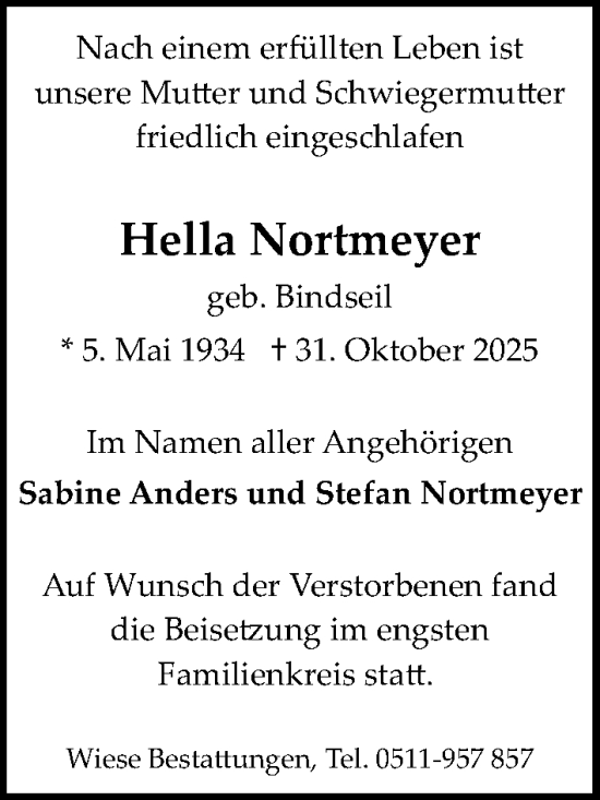 Traueranzeige von Hella Nortmeyer von Hannoversche Allgemeine Zeitung/Neue Presse