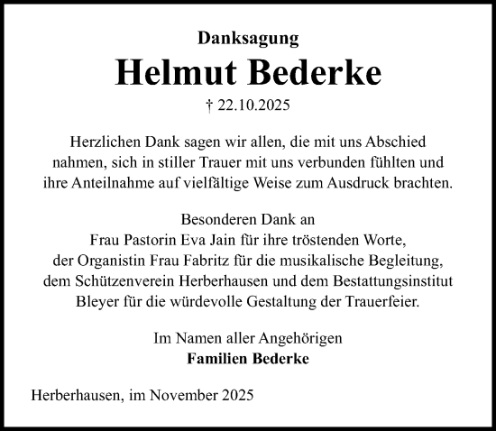 Traueranzeige von Helmut Bederke von Göttinger Tageblatt
