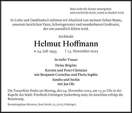 Traueranzeige von Helmut Hoffmann von Göttinger Tageblatt