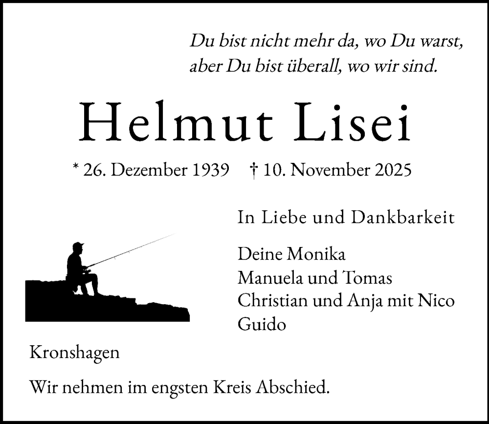  Traueranzeige für Helmut Lisei vom 22.11.2025 aus Kieler Nachrichten