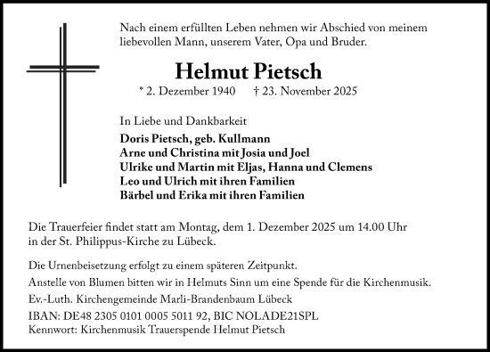 Traueranzeige von Helmut Pietsch von Lübecker Nachrichten