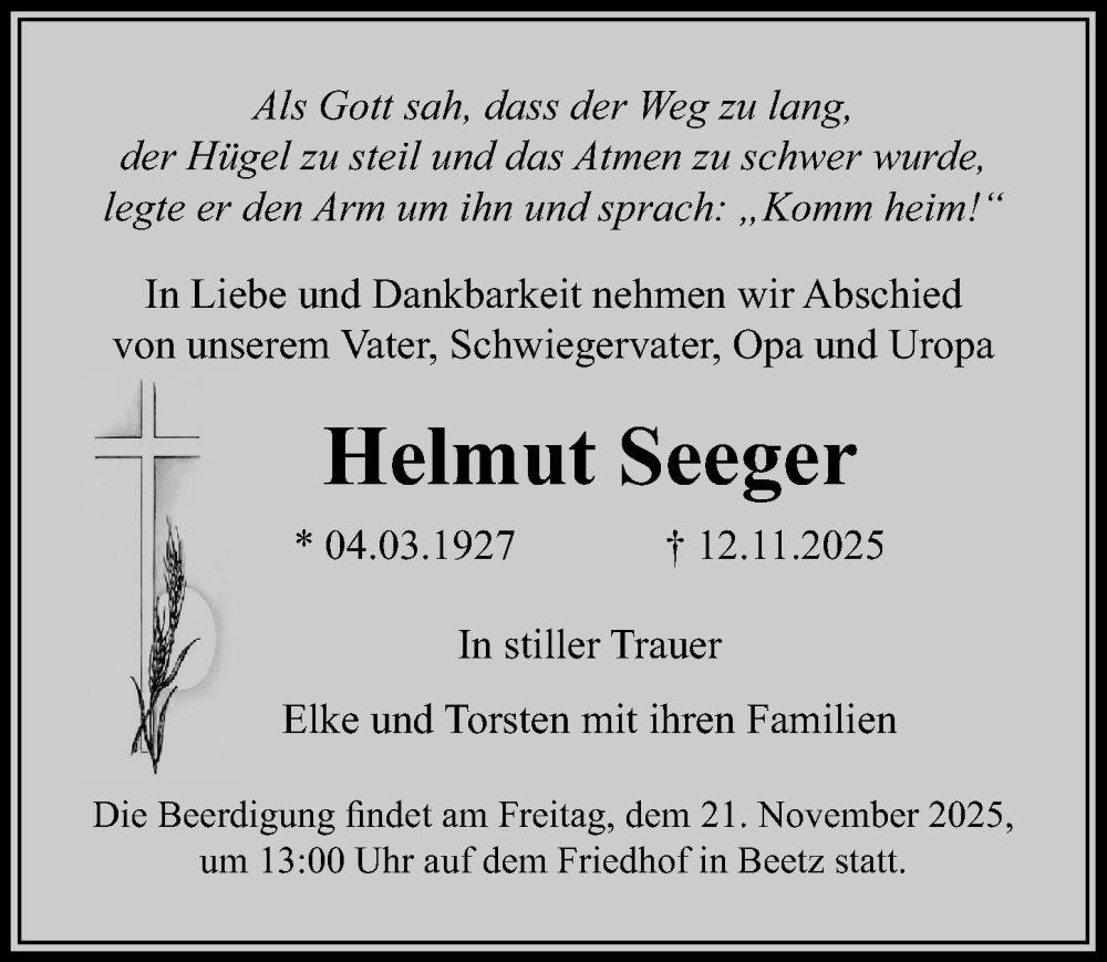  Traueranzeige für Helmut Seeger vom 15.11.2025 aus Märkischen Allgemeine Zeitung
