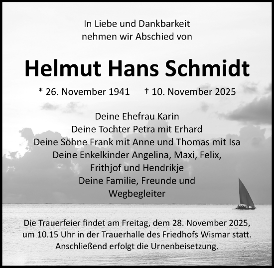 Traueranzeige von Helmut Hans Schmidt von Ostsee-Zeitung GmbH