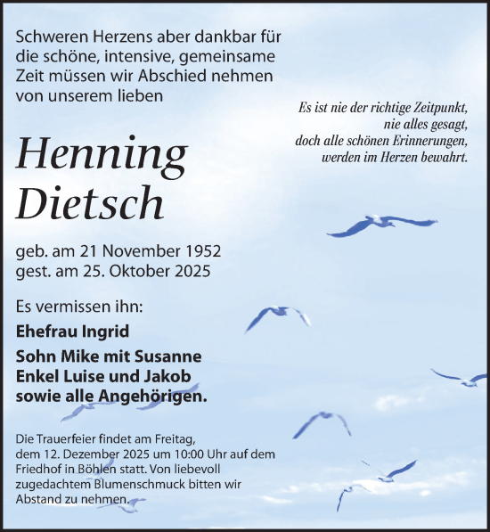 Traueranzeige von Henning Dietsch von Leipziger Volkszeitung