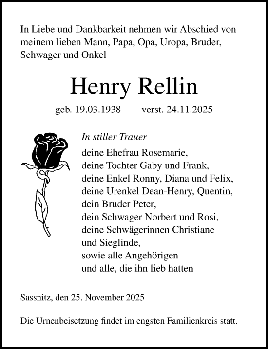Traueranzeige von Henry Rellin von Ostsee-Zeitung GmbH