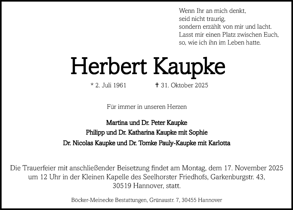  Traueranzeige für Herbert Kaupke vom 15.11.2025 aus Hannoversche Allgemeine Zeitung/Neue Presse