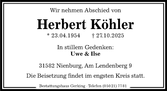 Traueranzeige von Herbert Köhler von Die Harke