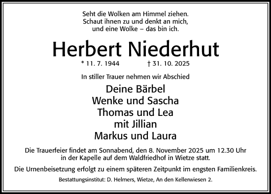 Traueranzeige von Herbert Niederhut von Hannoversche Allgemeine Zeitung/Neue Presse