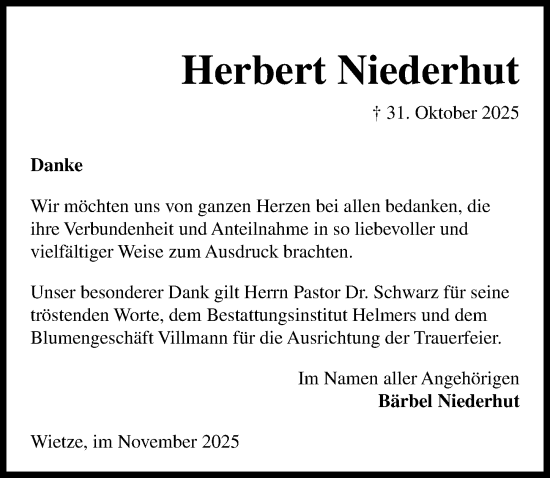 Traueranzeige von Herbert Niederhut von Hannoversche Allgemeine Zeitung/Neue Presse