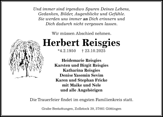Traueranzeige von Herbert Reisgies von Göttinger Tageblatt