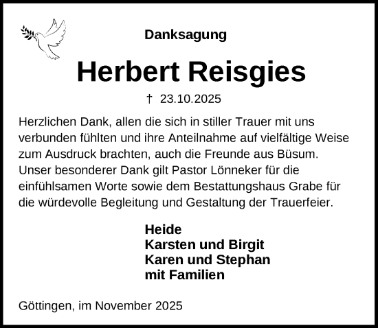 Traueranzeige von Herbert Reisgies von Göttinger Tageblatt
