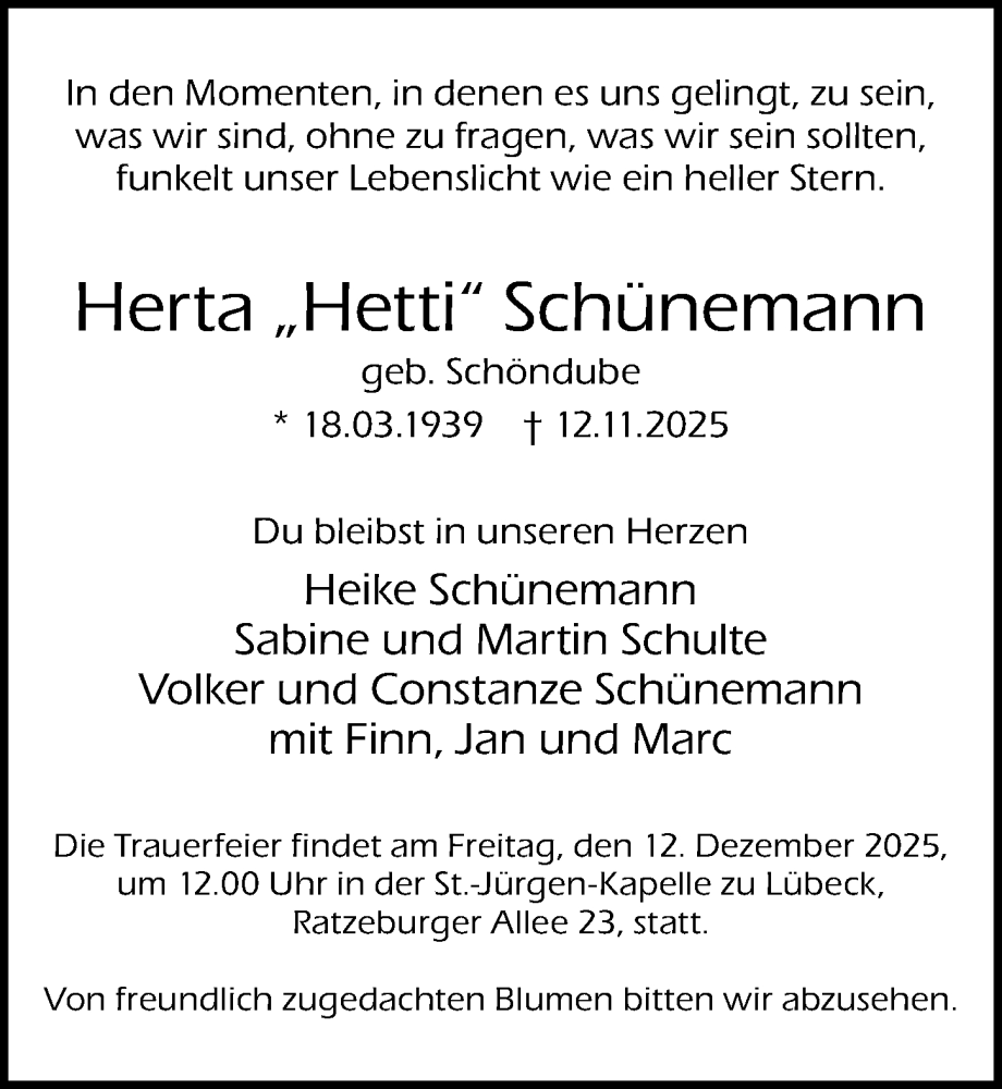  Traueranzeige für Herta Schünemann vom 30.11.2025 aus Lübecker Nachrichten