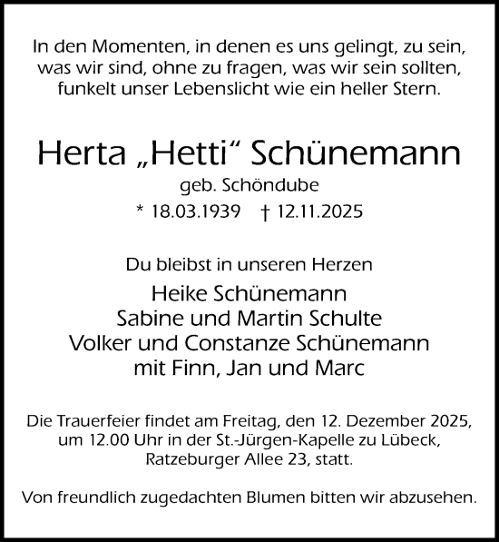 Traueranzeige von Herta Schünemann von Lübecker Nachrichten