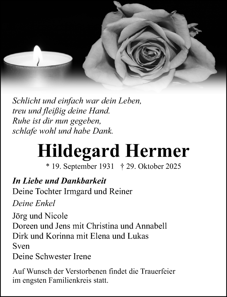  Traueranzeige für Hildegard Hermer vom 22.11.2025 aus Ostsee-Zeitung GmbH